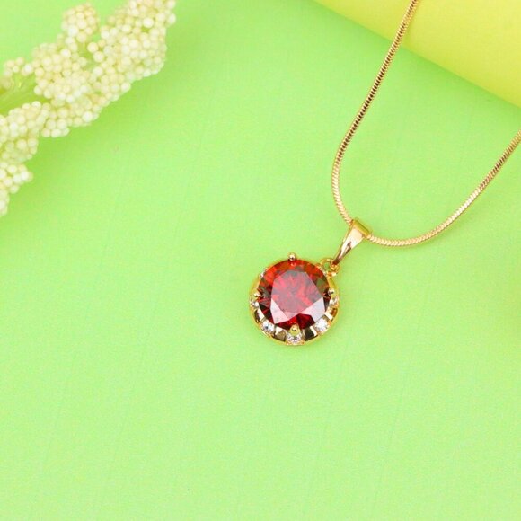 "Round Red Pendant with Crystal Halo in Gold Finish Setting, XPPT1651 - Picture 11 of 13